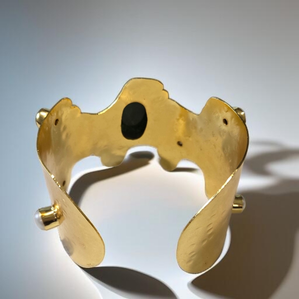 18k Gold Plated Artisan Freshwater Pearl Green Onyx Cuff Bracelet - Picture 5 of 7